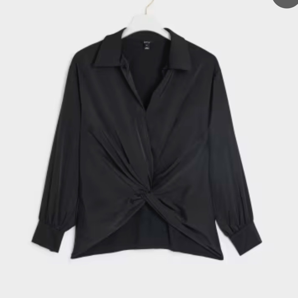 Modern Works Black Twist Front Gathered Long Sleeve Collared Blouse‎ Women Sz XL